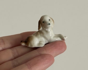 Vintage Tiny Puppy Figurine - Brown and White Dog - Kitsch Little Mini Porcelain Ornament, Fun Retro Room Decor, Miniature Puppy Trinket