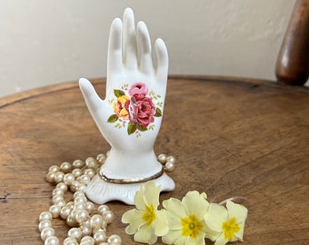 Vintage Hand Shaped Jewellery / Ring Holder - Bone China England - Pretty Decorative Roses Design - Bedroom Dressing Vanity Room Home Decor