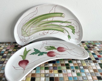 Vintage Set of Ceramic Server Dishes - Crescent Shaped with Radish Leek Handpainted Design - Mediterranean Colourful Kitchen Tableware Decor