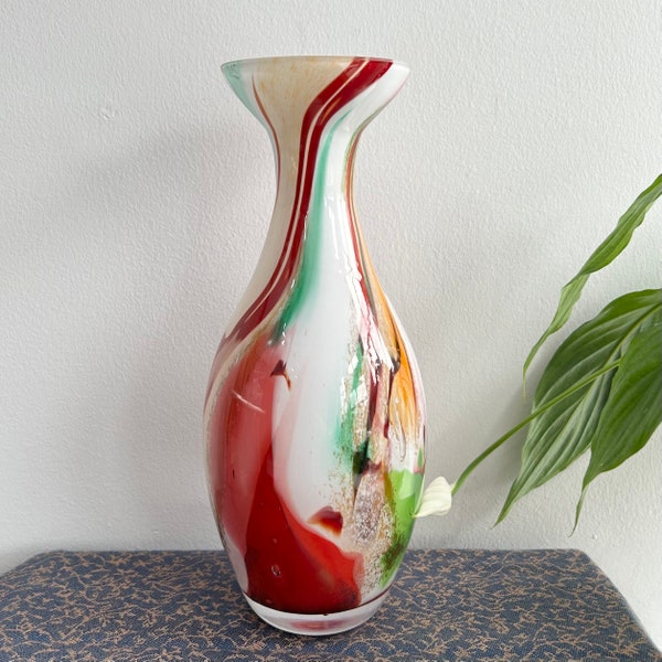 Vintage Statement Art Glass Vase - White Green Red - 90’s Modern Colourful Decorative Large Glassware, Retro Classic Statement Decor