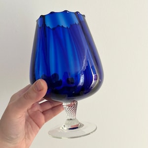 Vintage Brandy Glass - Cobalt Blue Balloon Goblet / Twisted Stem Snifter / Vase, 60s Retro Home Bar Decor, Art Deco Antique Theme Glassware