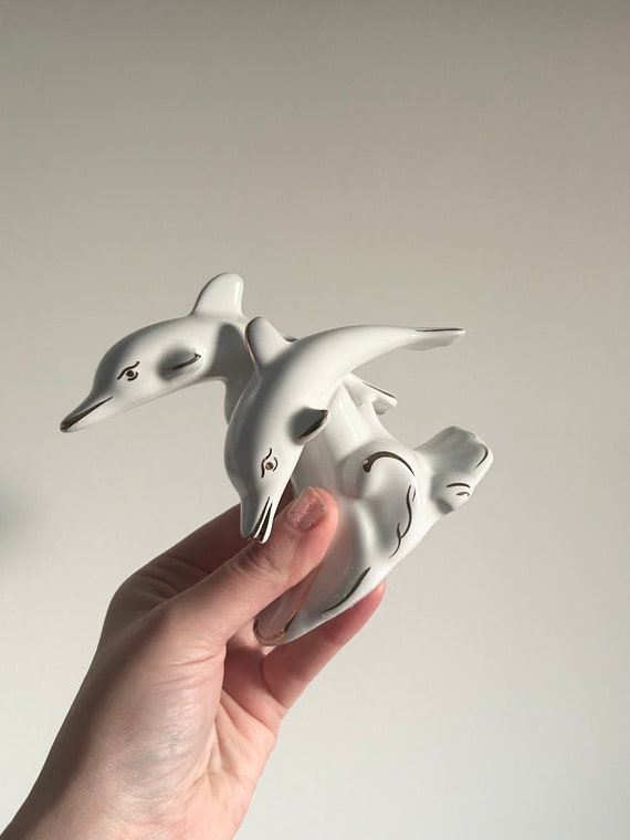 Vintage Dolphin Figurine - White & Golden Ceramic - 70s 90s Retro