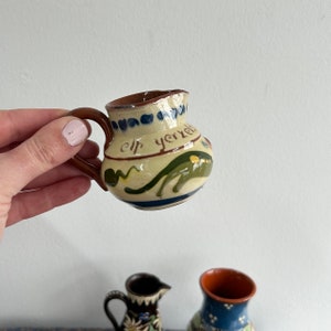 Vintage Motto Pottery Jug - elp yerzels tu craim- Quirky Fun Folk Pattern Ceramic, Rustic Boho Novelty Kitchenware