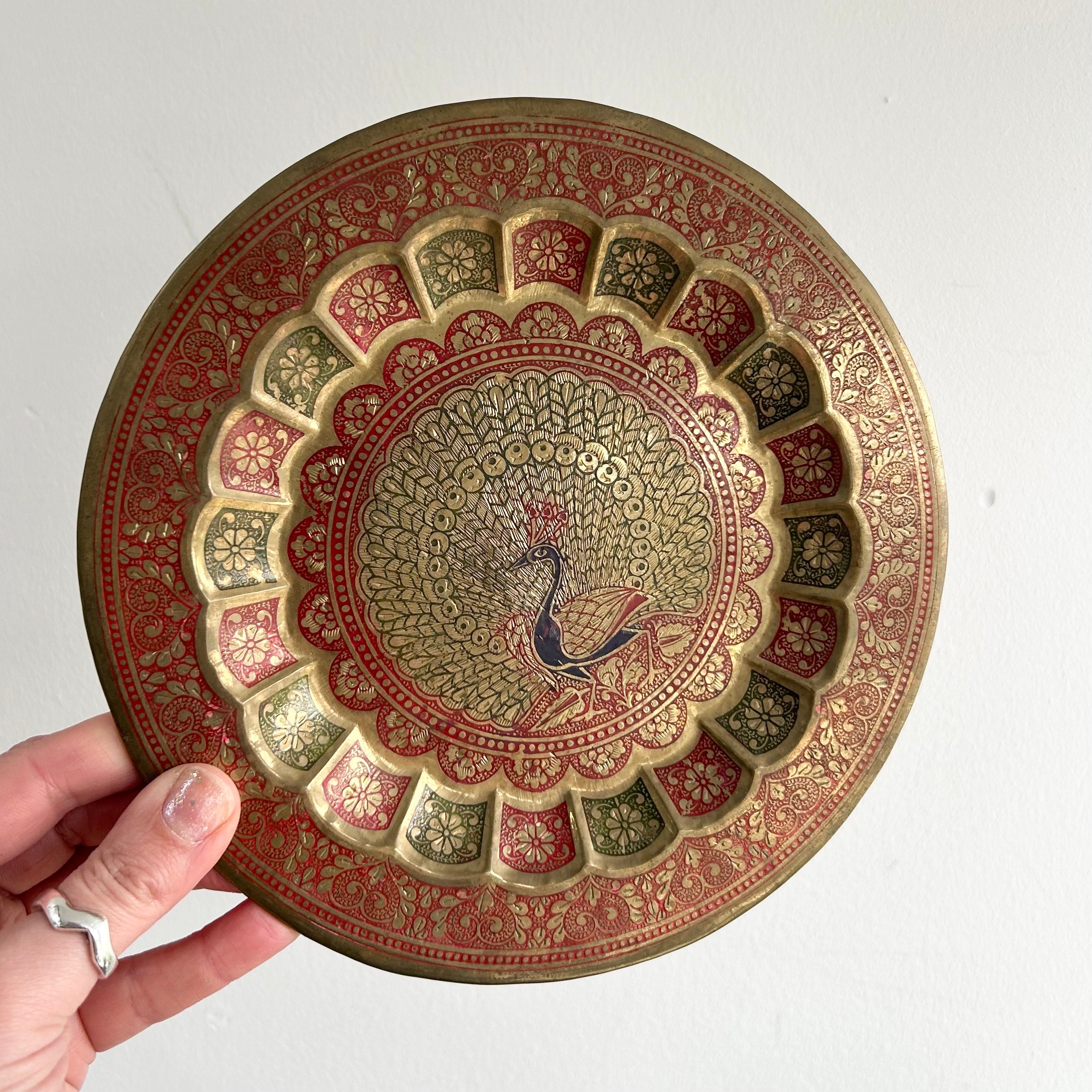 Vintage Brass Wall Plate - Etched Peacock Design Metalware Home Decor ...