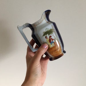 Vintage Romantic Blue Vase / Jug - Porcelain Traditional Lovers and Scenic Design - No Makers Mark - Regency Look Classical Decor