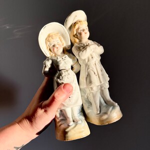 Vintage Set of Spill Holders Ceramic Girl & Boy, German Imperial Antique Fairing Figurines, Late 1800s Mantle Ornaments, Match Container image 3