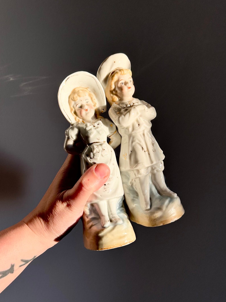 Vintage Set of Spill Holders Ceramic Girl & Boy, German Imperial Antique Fairing Figurines, Late 1800s Mantle Ornaments, Match Container image 3