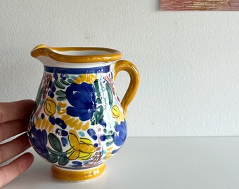 Vintage Spanish Blue Yellow Flower Jug - Casas Menorca Ceramic - 4.5 inch Decorative Rustic Kitchenware, Boho Folk Vase / Ornamental Decor
