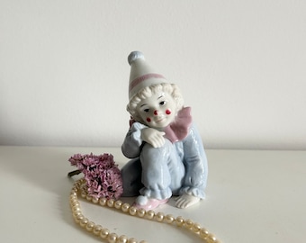 Vintage Clown Figurine - Pastel Porcelain Quirky Ornament, Circus Entertainer - Sweet Childlike Pink Blue Lilac Ceramic, Retro Nursery Decor