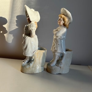 Vintage Set of Spill Holders Ceramic Girl & Boy, German Imperial Antique Fairing Figurines, Late 1800s Mantle Ornaments, Match Container image 5