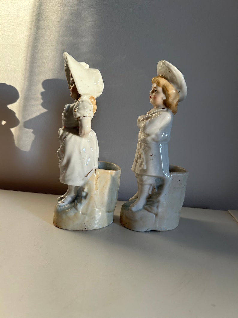 Vintage Set of Spill Holders Ceramic Girl & Boy, German Imperial Antique Fairing Figurines, Late 1800s Mantle Ornaments, Match Container image 5