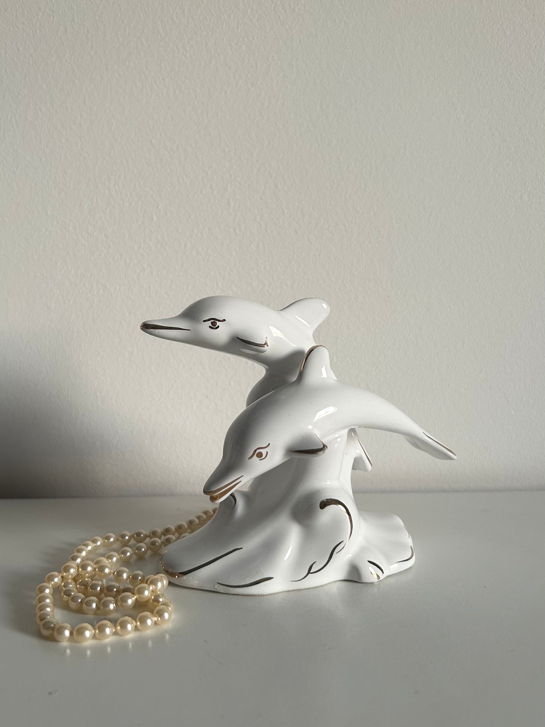 Vintage Dolphin Figurine - White & Golden Ceramic - 70s 90s Retro
