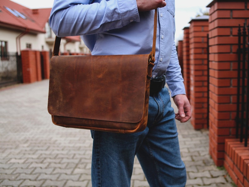 Handmade Leather Messenger Crossbody Bag for Laptop with Engraved Name & Secret Message Inside, Laptop Shoulder Bag, Leather Satchel Gift image 3