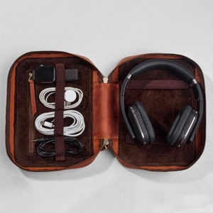 Handmade Leather Cord Organizer, Charger and Cable Organizer Bag, Leather Travel Tech Organizer, Case for Electronics Devices, Gift for Him