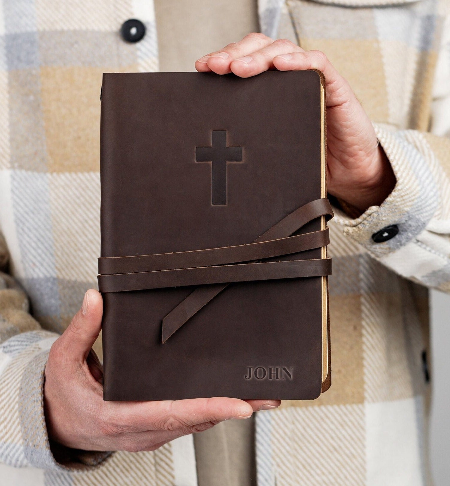 Personalisiertes Gebets-Leder-Journal mit Kreuz, Name geheime Nachricht im Inneren, Wickel-Leder-Journal, katholisches Geschenk für die Taufe, christliches Geschenk