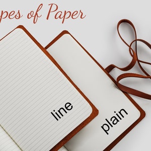 Select Types of Paper. Two open tan leather journal. On one leather journal page paper is line on the second leather journal page paper is plain.