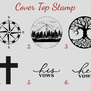 Select the Top Stamp on Cover option. The images shown are numbered:
1 - Compass 2 - Mountain top surrounded by forest 3 - Tree with a wide crown and roots 4 - Cross 5 - Inscription His Vows; 6 - Inscription Her Vows.