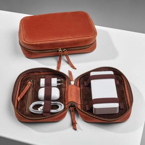 Travel Electronics Accessories Leather tech pouch with Monogram & Message, Travel Charger Bag, Cable Organizer Case Gadget Case Travel Pouch