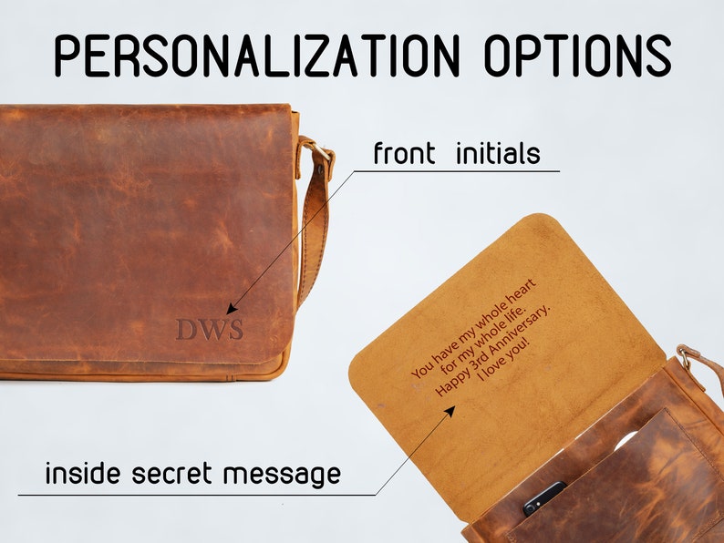 Leder Laptoptasche für Herren mit Personalisierung Initialen & Geheime Nachricht, Monogramm Leder Messenger Bag, Tasche für Laptop 13-14-15-16 Bild 6
