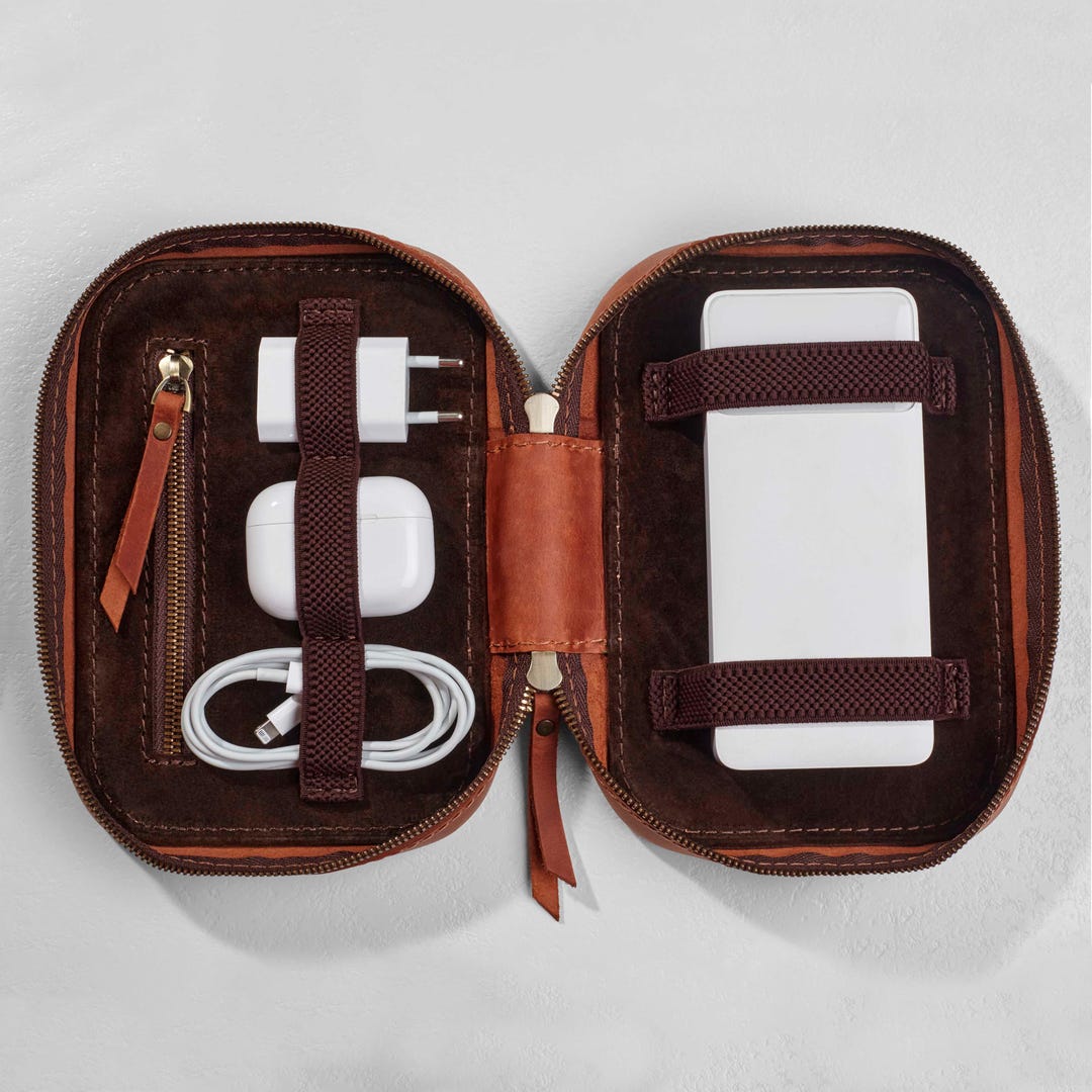 Leather Cable Organizer Bag for Cables, Charger, Power Bank, Gadget ...
