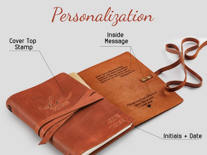 The places of personalization are indicated on two brown Monogrammed Leather Journal. On the cover you can also choose a  Top Stamp, Name or Initials and Date. On the last page, you can place a text message or wishes as a gift.