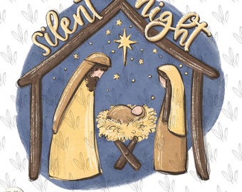 Silent night PNG, come adore Him, Christian Christmas, baby Jesus manger, nativity Hollidays, Hand Drawn, Sublimation design, custom