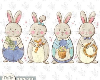 Easter Bunnies PNG, cute rabbits, kids Christian religious spring, Hand Drawn Sublimation design, Digital Download, custom Printable Art