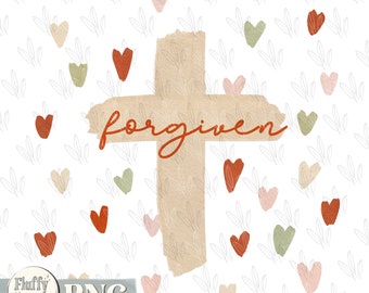 Forgiven PNG, cross hearts Christian religious, autumn Thanksgiving,  Hand Drawn Sublimation design, Digital Download custom Printable
