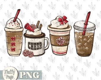 Cheerleading coffee PNG, cheer latte coffee cups, Megaphone and Pom Poms with Bow, frappe sublimation, design download, sport coffee cups,