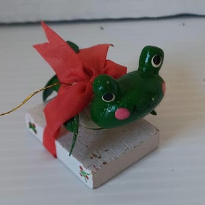 Vintage Handmade & Hand Painted Wooden Frog Christmas Tree Ornament 1970s