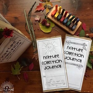 May include: Two blank nature collection journals with brown paper covers and black and white illustrations. The journals have the text "nature collection journal" on the front. There are crayons and natural items scattered around the journals.