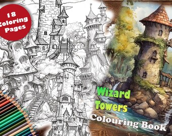 Pode incluir: Um livro para colorir com 18 páginas de ilustrações de torres de magos. A capa mostra um desenho detalhado de uma torre de pedra com telhado de palha, cercada por vegetação exuberante e uma cachoeira. O texto "Wizard Towers Colouring Book" é exibido de forma proeminente na capa.