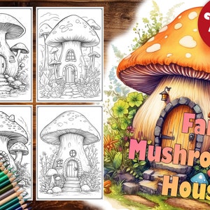50 Mushroom Houses | Coloring Page Book | Adults | Kids | Instant Download | Grayscale | Coloring Page | Printable PDF | mushrooms