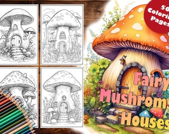 50 Mushroom Houses | Coloring Page Book | Adults | Kids | Instant Download | Grayscale | Coloring Page | Printable PDF | mushrooms