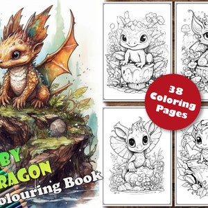 38 Baby Dragons | Coloring Page Book | Adults | Kids | Instant Download | Grayscale | Printable PDF | Dragons | Baby | Cute