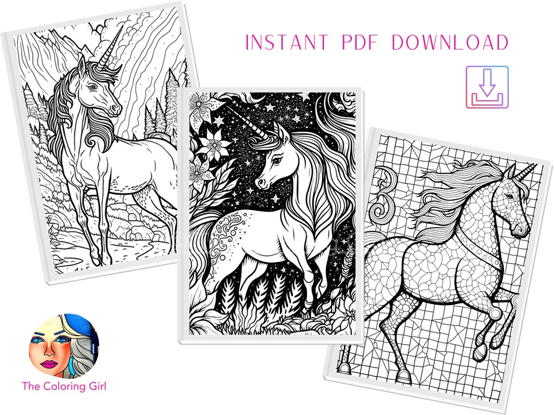 Unicorn Adult Coloring Book 25 Digital-printable Unicorn Coloring Pages ...