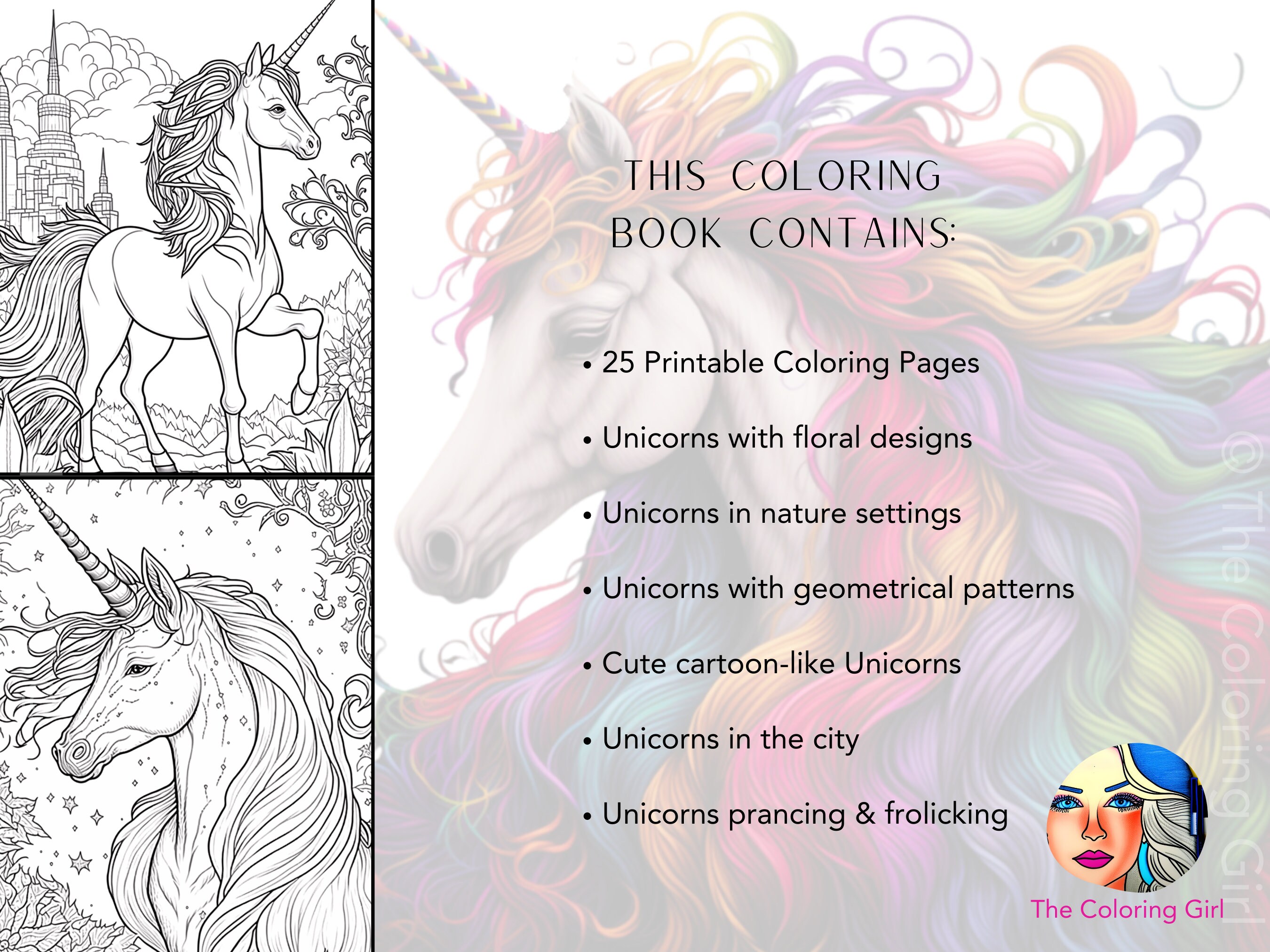 Unicorn Adult Coloring Book 25 Digital-printable Unicorn Coloring Pages ...