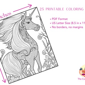 Unicorn Adult Coloring Book | 25 Digital-printable Unicorn Coloring ...