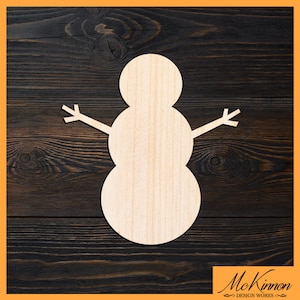 May include: A wooden snowman cutout with two arms. The cutout is made of unfinished wood and has a natural wood grain.