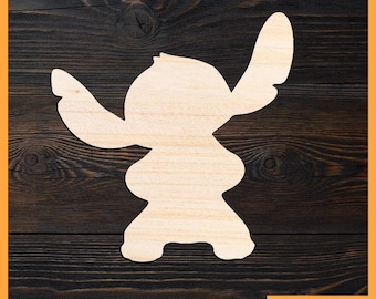 May include: A wooden cutout of Stitch, a blue alien character from the Disney movie Lilo & Stitch. The cutout is in a standing pose with arms outstretched and a friendly expression.