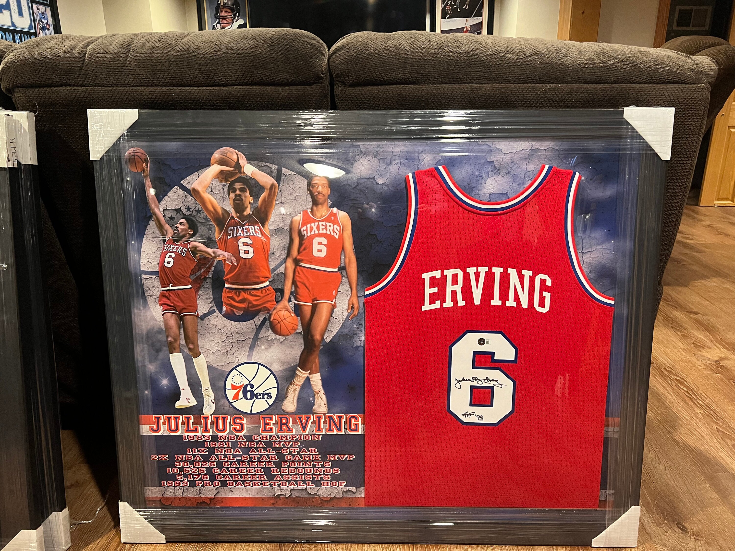 J, Autographed, Professionally Framed, Philadelphia 76'ers Mitchell and  Ness Jersey with HOF Script measuring 44x35 BECKETT