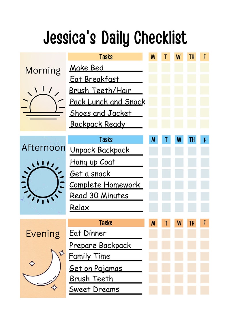 Kids daily school checklist printable daily routine chart etsy