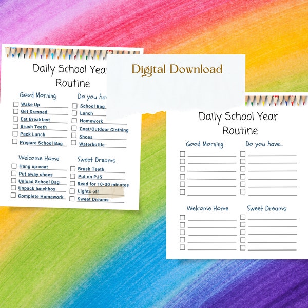 Kids Daily School Day Routine (for home), Kids Daily School Checklist Printable, Daily Routine Chart, Homeschool Planner, Kids To Do List