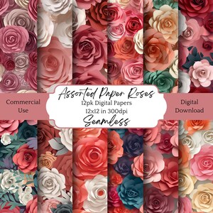 Paper Pack Assorted Paper Roses Instant Digital Download Tiled Seamless Pattern Craft Paper Junk Journal Scrapbook Decoupage Commercial Use