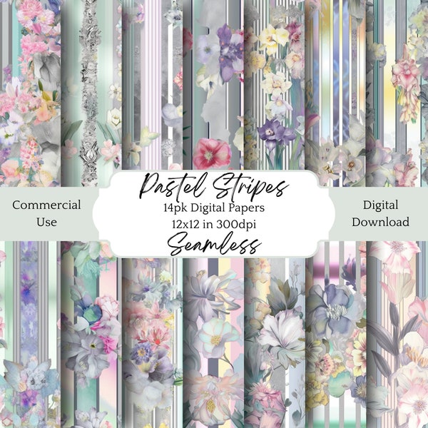 Paper Pack Pastel Stripes Floral Instant Digital Download Tiled Seamless Pattern Craft Paper Junk Journal Scrapbook Decoupage Commercial Use