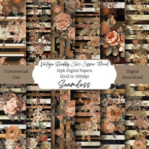 May include: Twelve digital papers featuring a seamless pattern of copper-toned flowers on black and white stripes. The papers are 12x12 inches and 300dpi. The text "Vintage Shabby Chic Copper Floral" is in the center of the image. The text "Commercial Use" is in the bottom left corner of the image. The text "Digital Download" is in the bottom right corner of the image.
