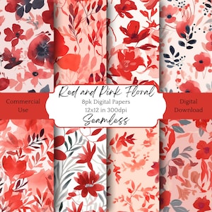 May include: Set of eight digital papers featuring seamless patterns of red and pink watercolor flowers and leaves. The papers are 12x12 inches and 300 dpi.  Commercial use is allowed.  Digital download.