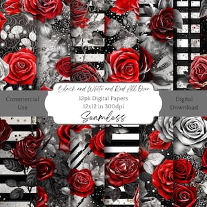 Paquete de papel Negro Blanco Rojo Descarga digital instantánea en mosaico Patrón sin costuras Papel artesanal para diario basura Scrapbook Decoupage Uso comercial