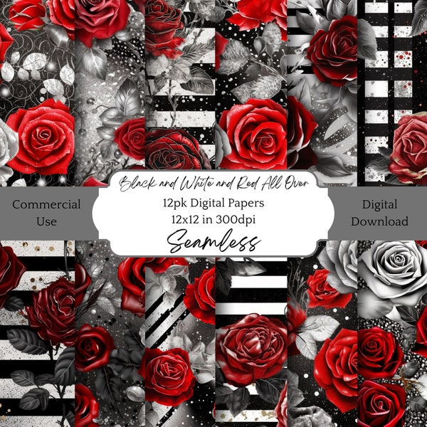 Paper Pack Black White Red Instant Digital Download Tiled Seamless Pattern Craft Paper for Junk Journal Scrapbook Decoupage Commercial Use