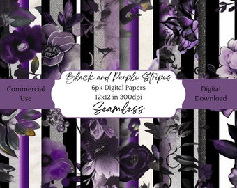 Paper Pack Black Purple Stripes Instant Digital Download Tiled Seamless Pattern Craft Paper Junk Journal Scrapbook Decoupage Commercial Use